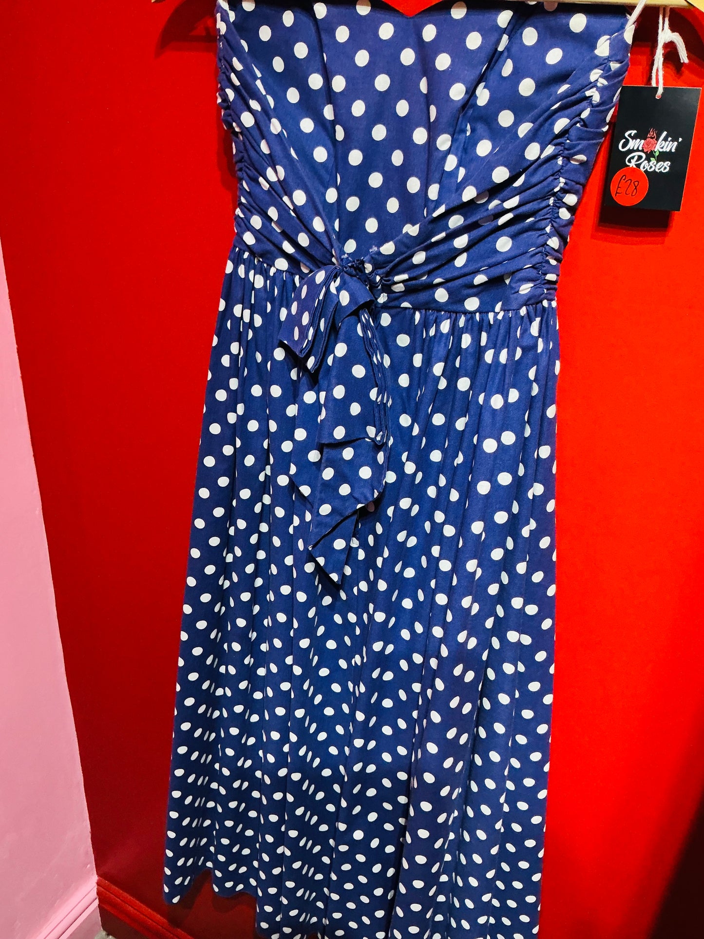 1980s Vintage Laura Ashley Blue Polka Dot Strapless Swing Dress