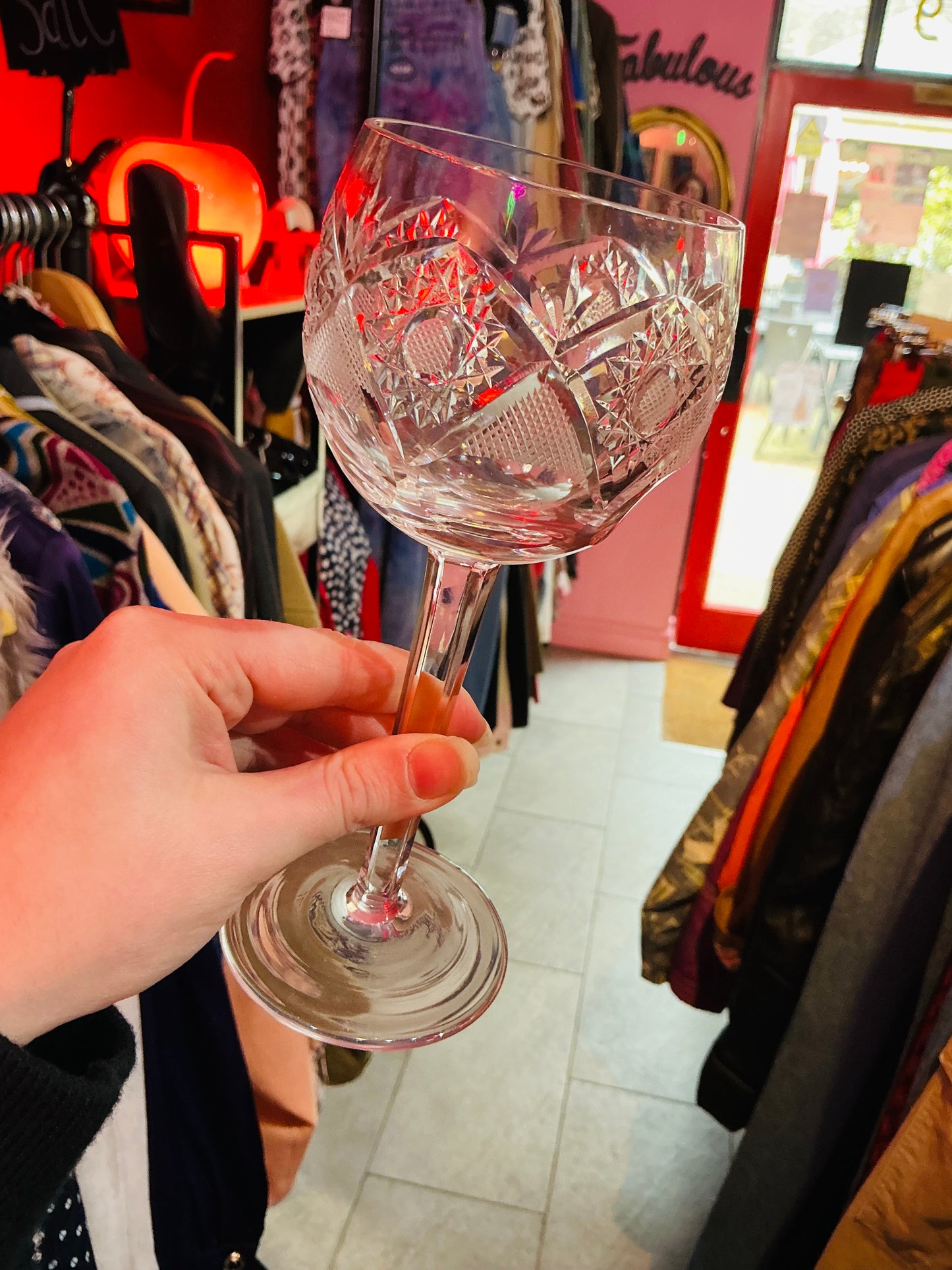 Set of Two Cut Glass Crystal Wine Glasses
