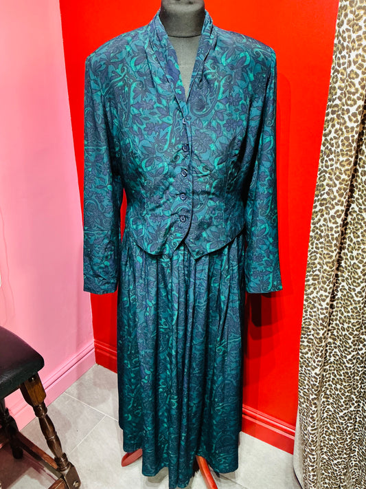 1970s Monsoon Silk Turquoise Paisley Blouse and Skirt Set