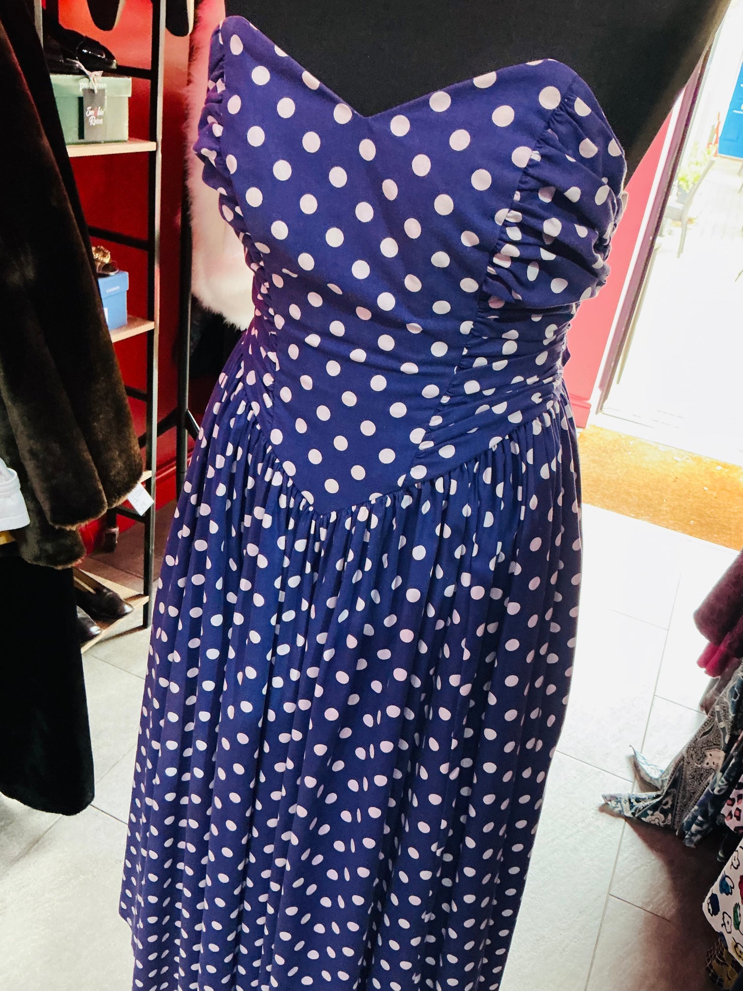 1980s Vintage Laura Ashley Blue Polka Dot Strapless Swing Dress