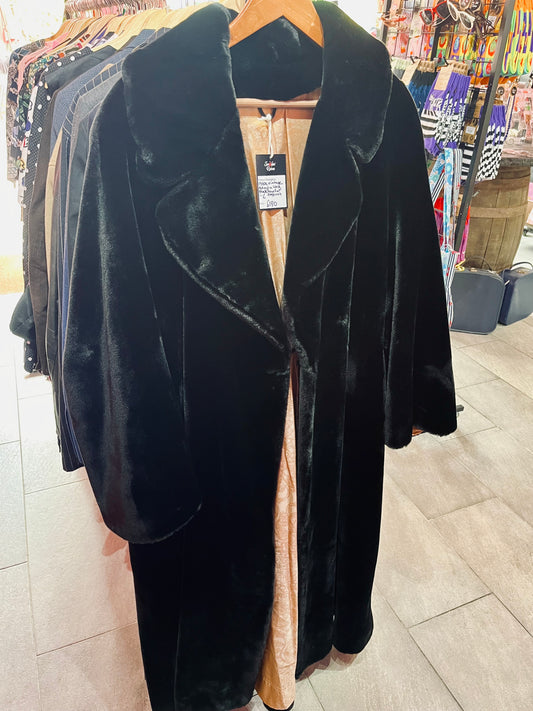 1980s Original Vintage Black Faux Fur Long Dress Coat