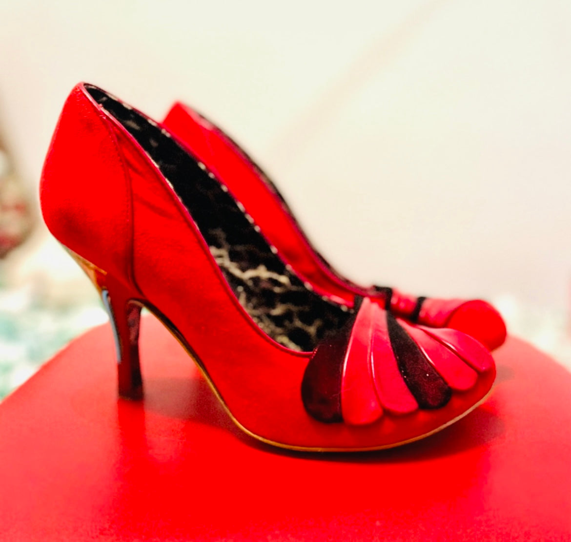 Red Suede 20s Art Deco Irregular Choice Gold Heels