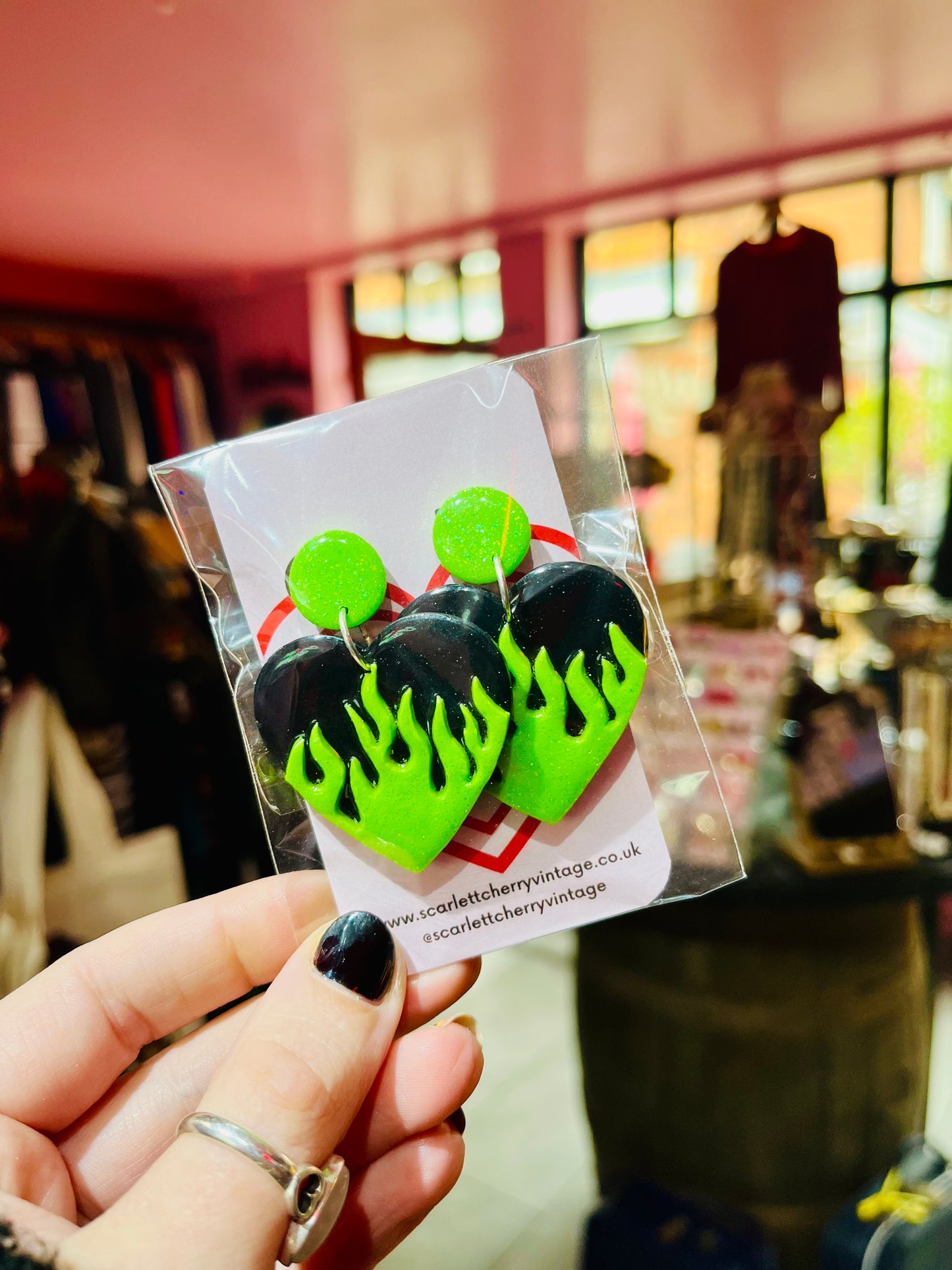Handmade Y2K Style Flaming Green Heart Earrings