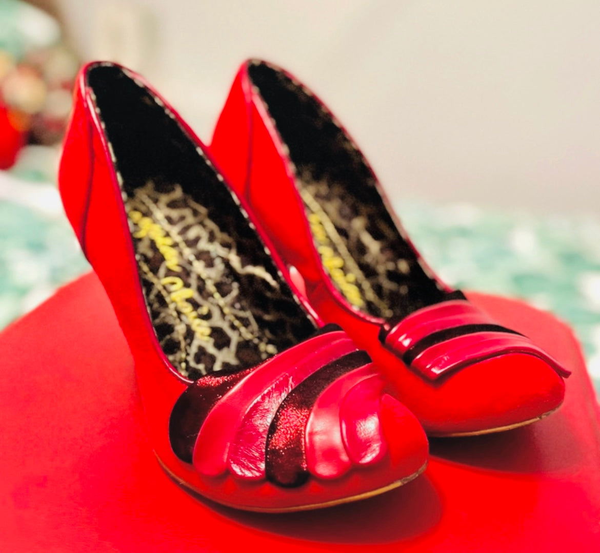 Red Suede 20s Art Deco Irregular Choice Gold Heels