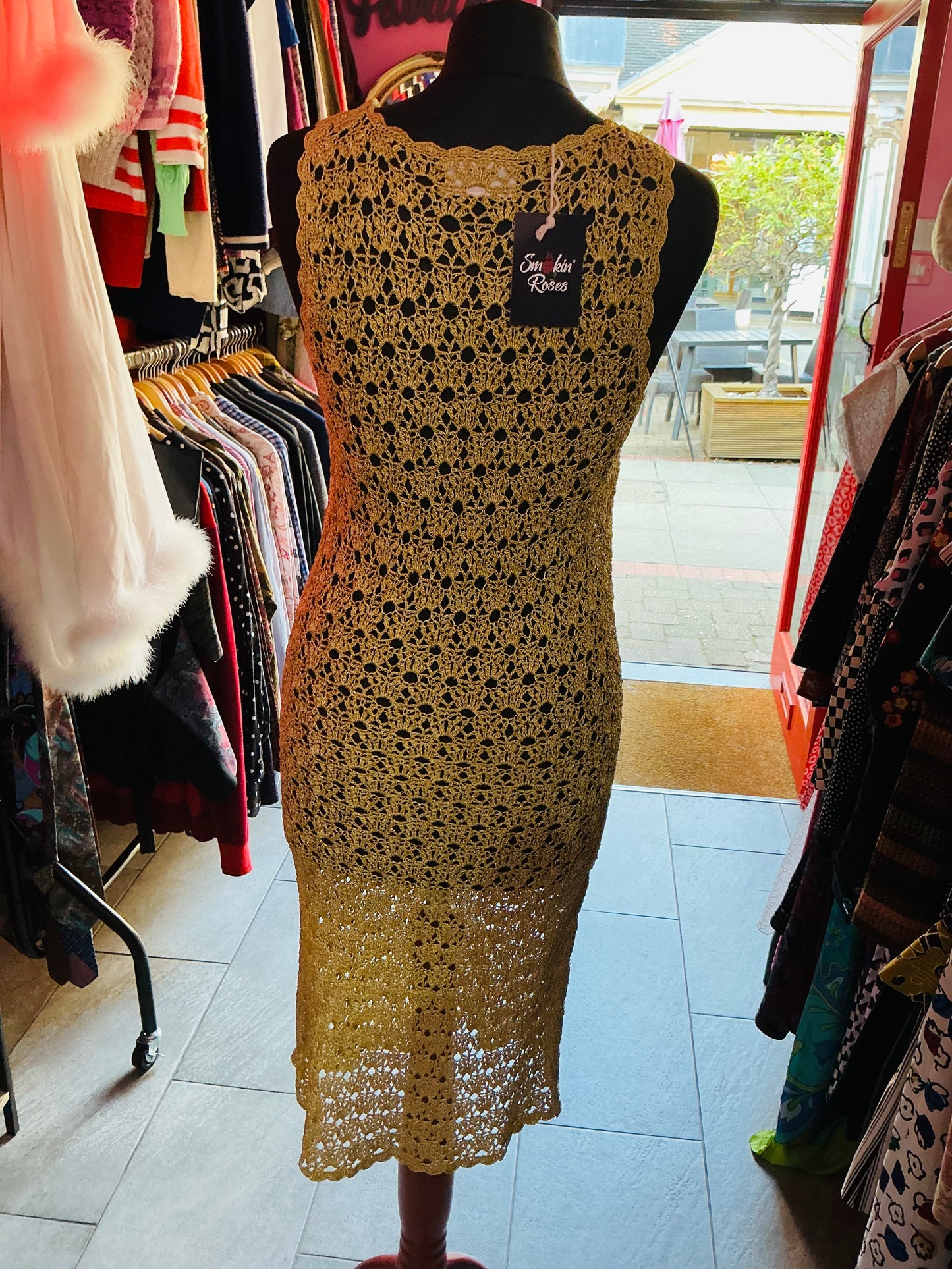 1990s Vintage Principles Gold Crochet Slip Dress