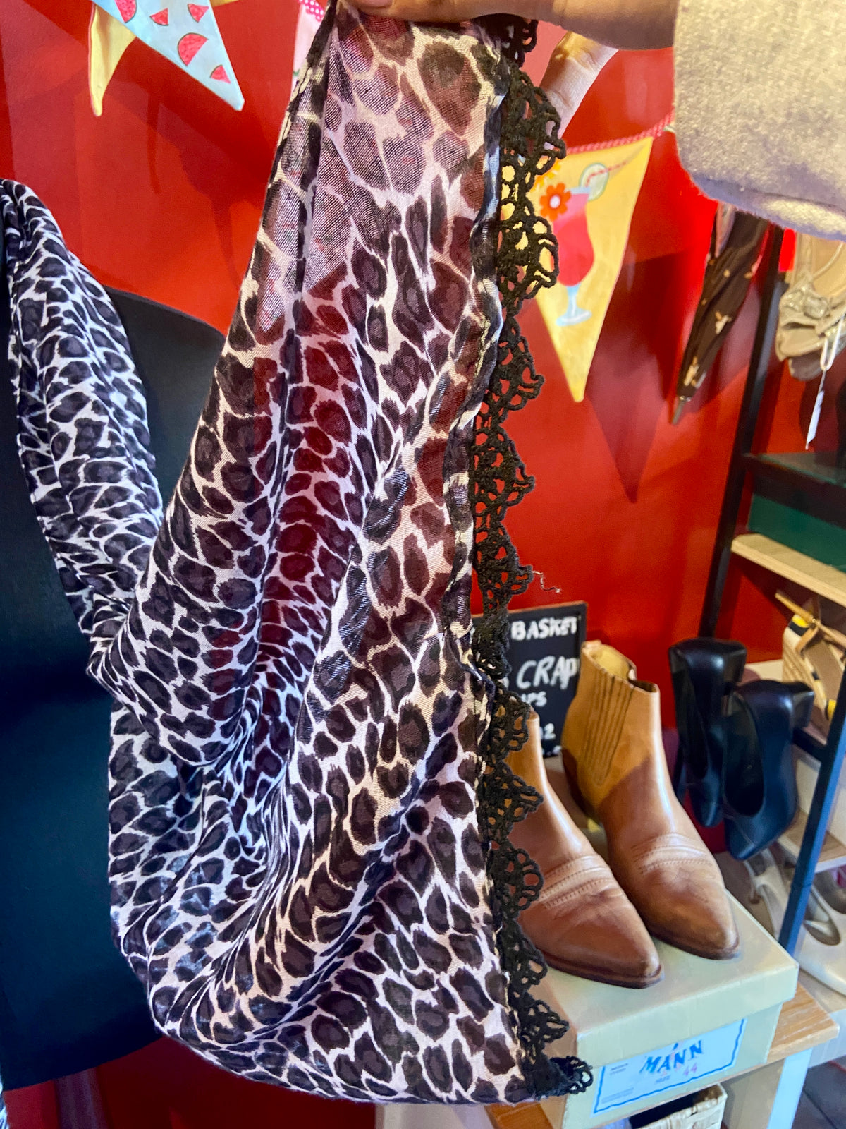 Leopard Print Scarf with Lace Trim