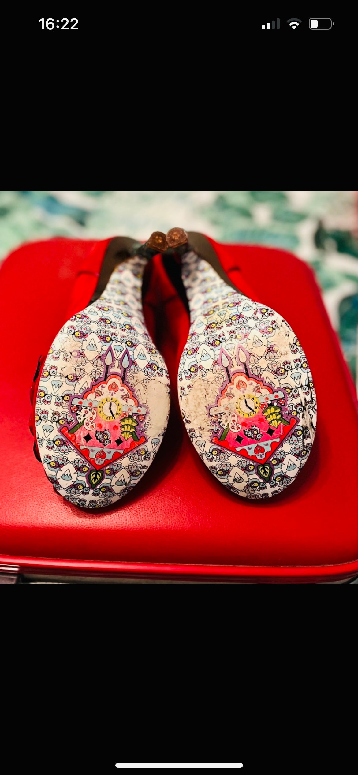 Red Suede 20s Art Deco Irregular Choice Gold Heels