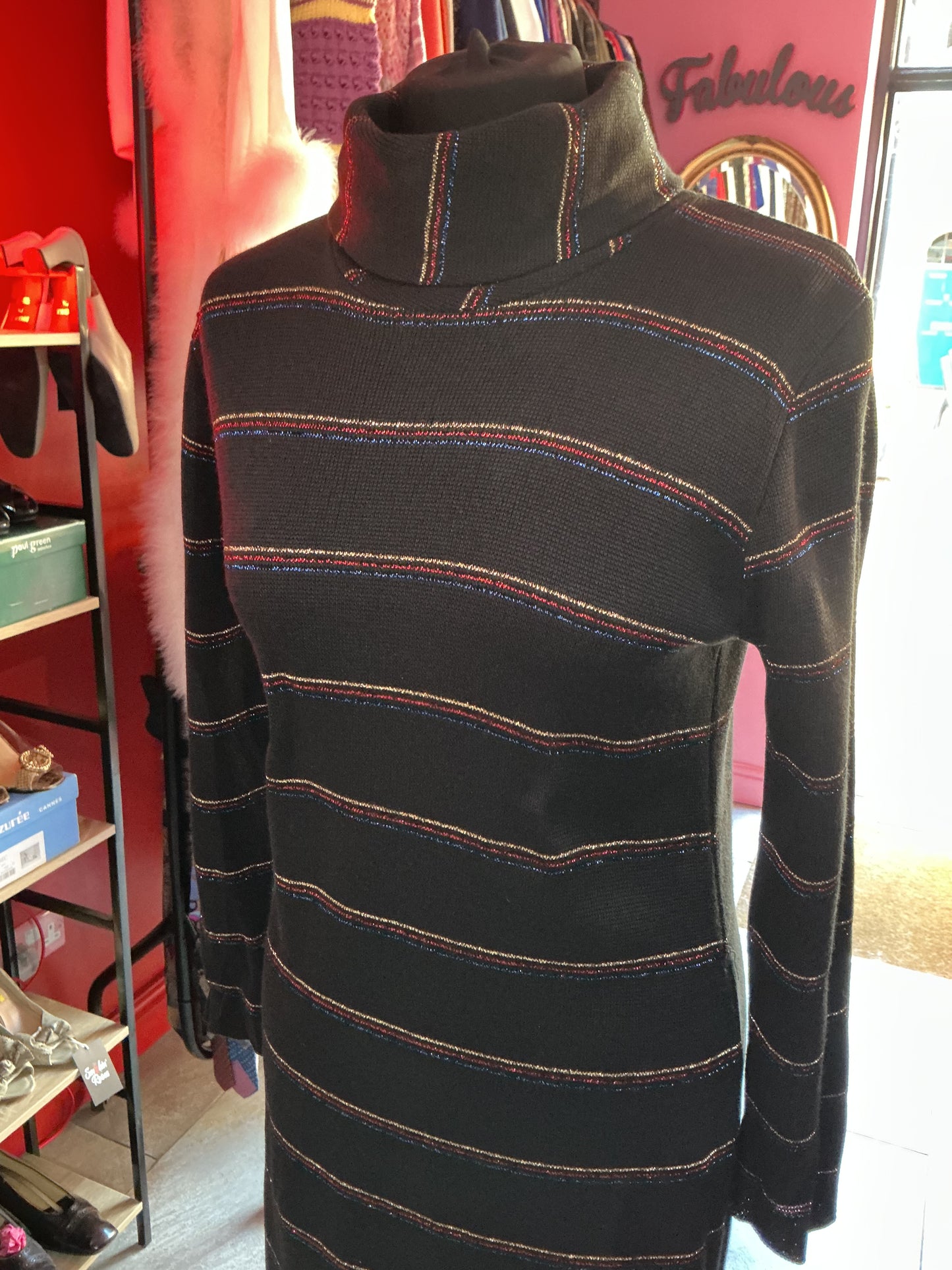 1970s Vintage Stirling Black and Glitter Striped Maxi Dress