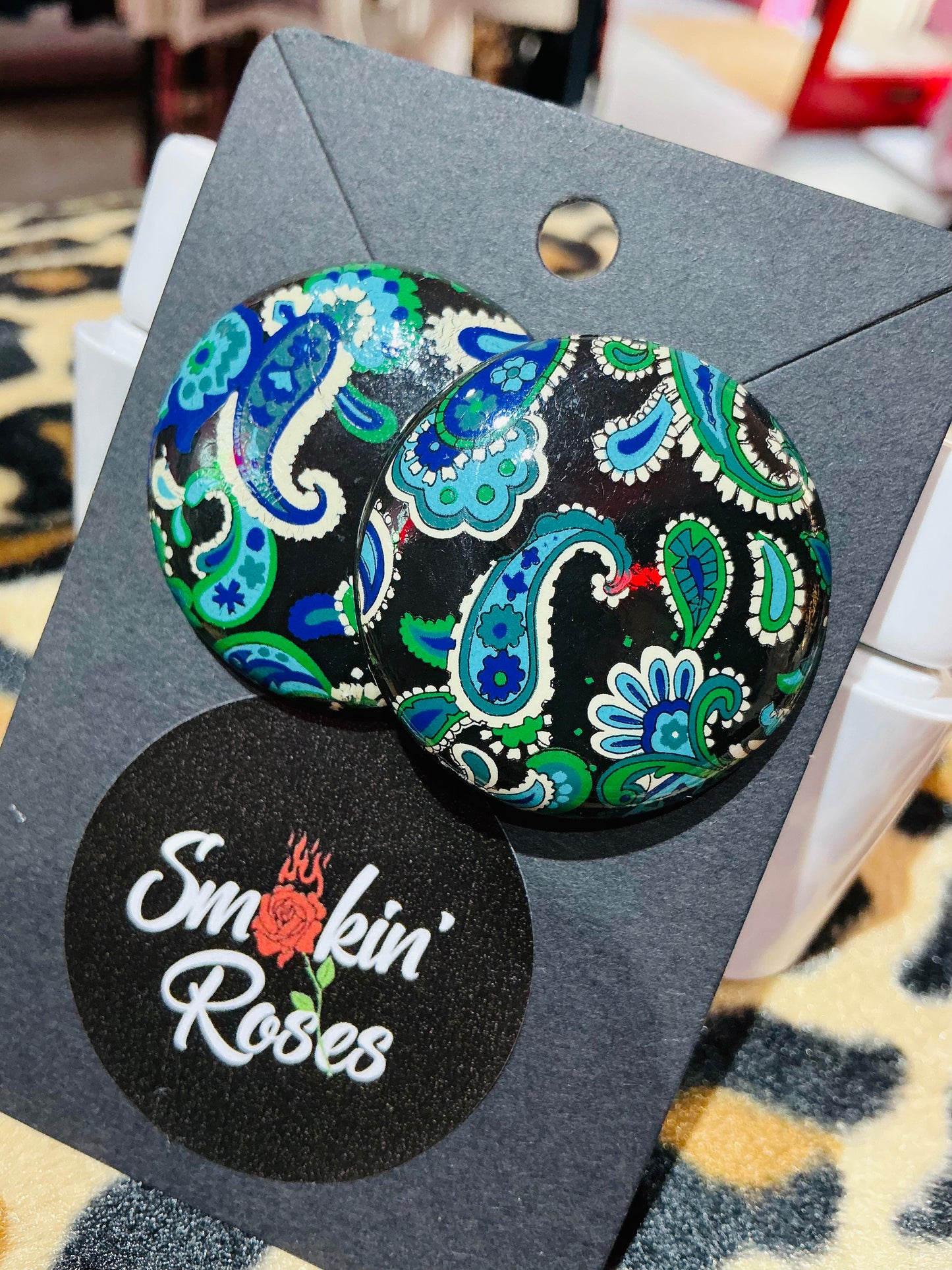 Turquoise Green Paisley Large Stud Earrings