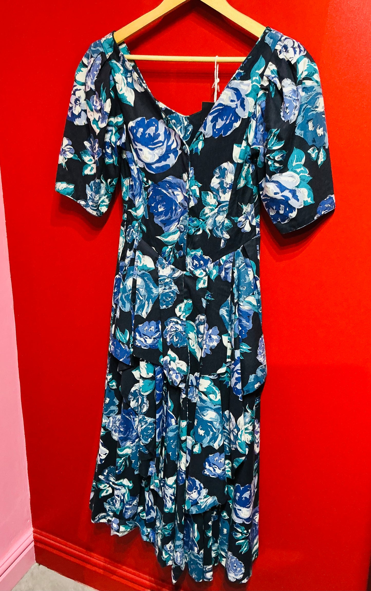 1980s Vintage Laura Ashley Blue Floral Rose Tea Dress