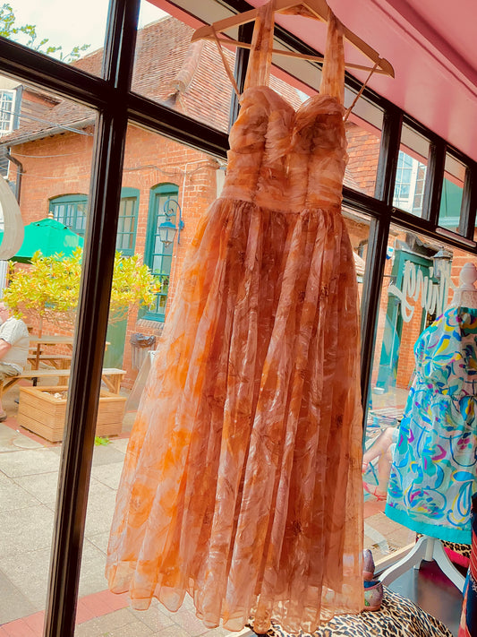 1950s Vintage Silk Orange Patterned Halter Neck Kitty Copeland Dress