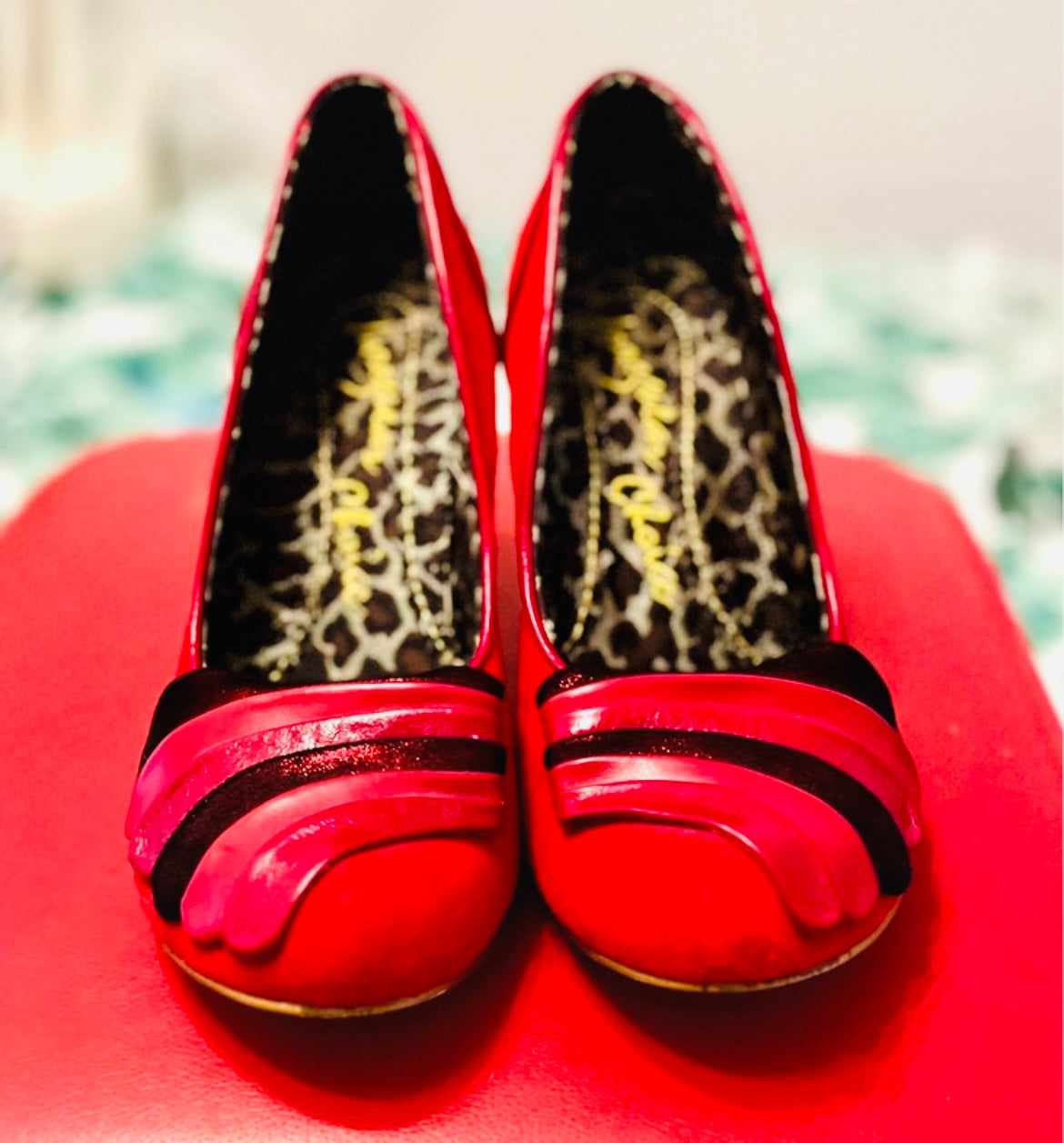 Red Suede 20s Art Deco Irregular Choice Gold Heels