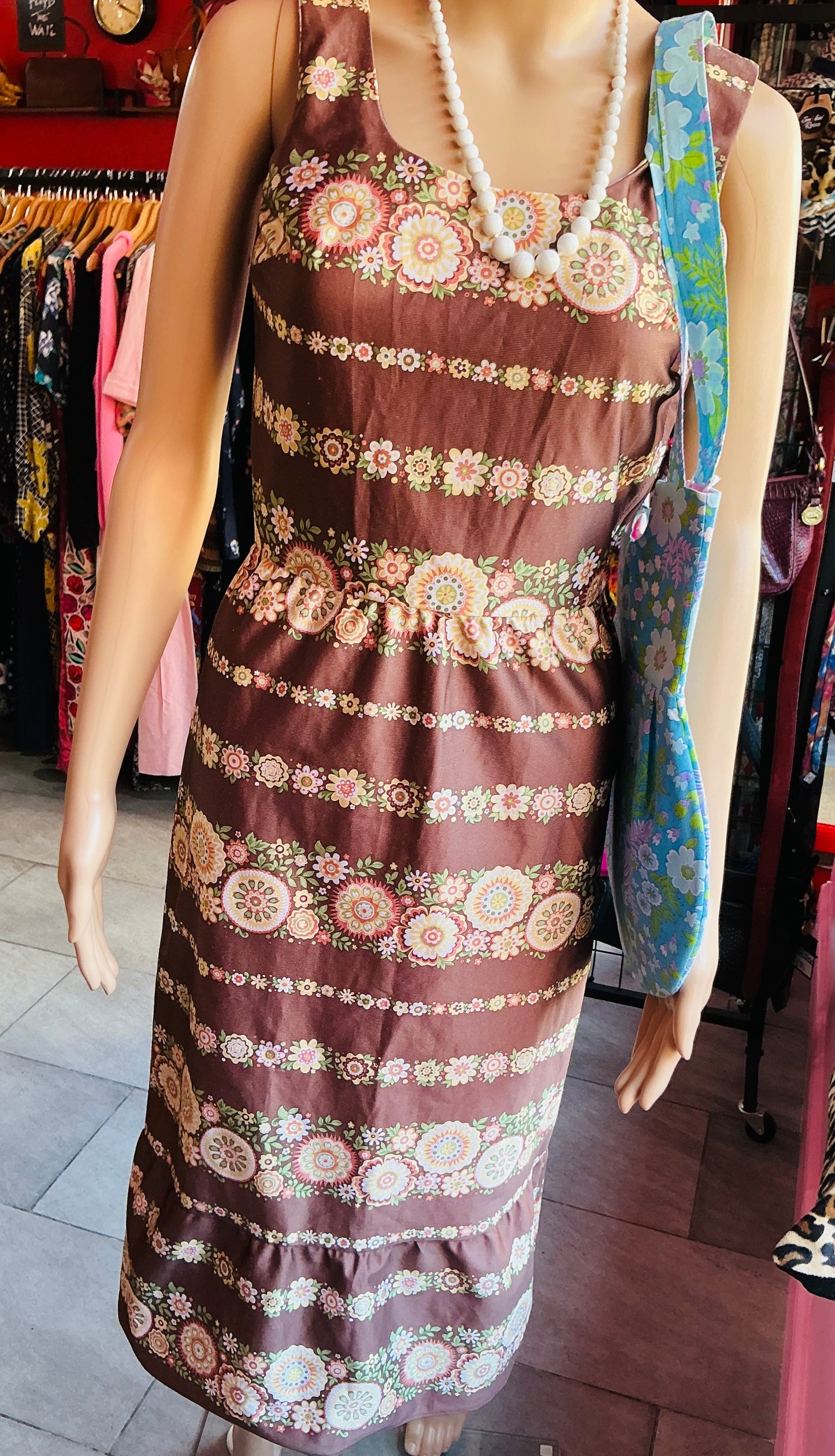 1960s Vintage Beckleidung Brown Retro Floral Slip Dress