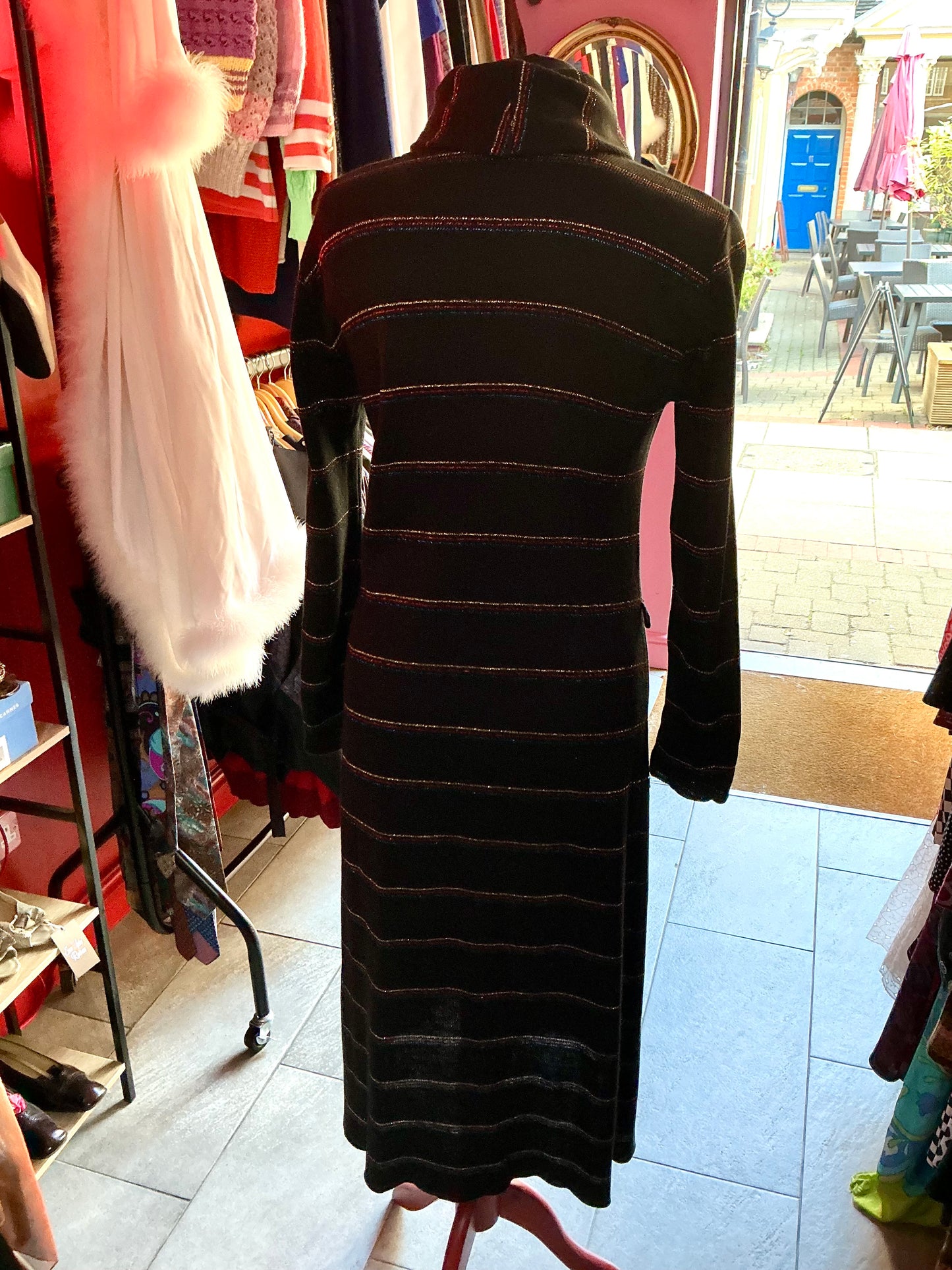 1970s Vintage Stirling Black and Glitter Striped Maxi Dress