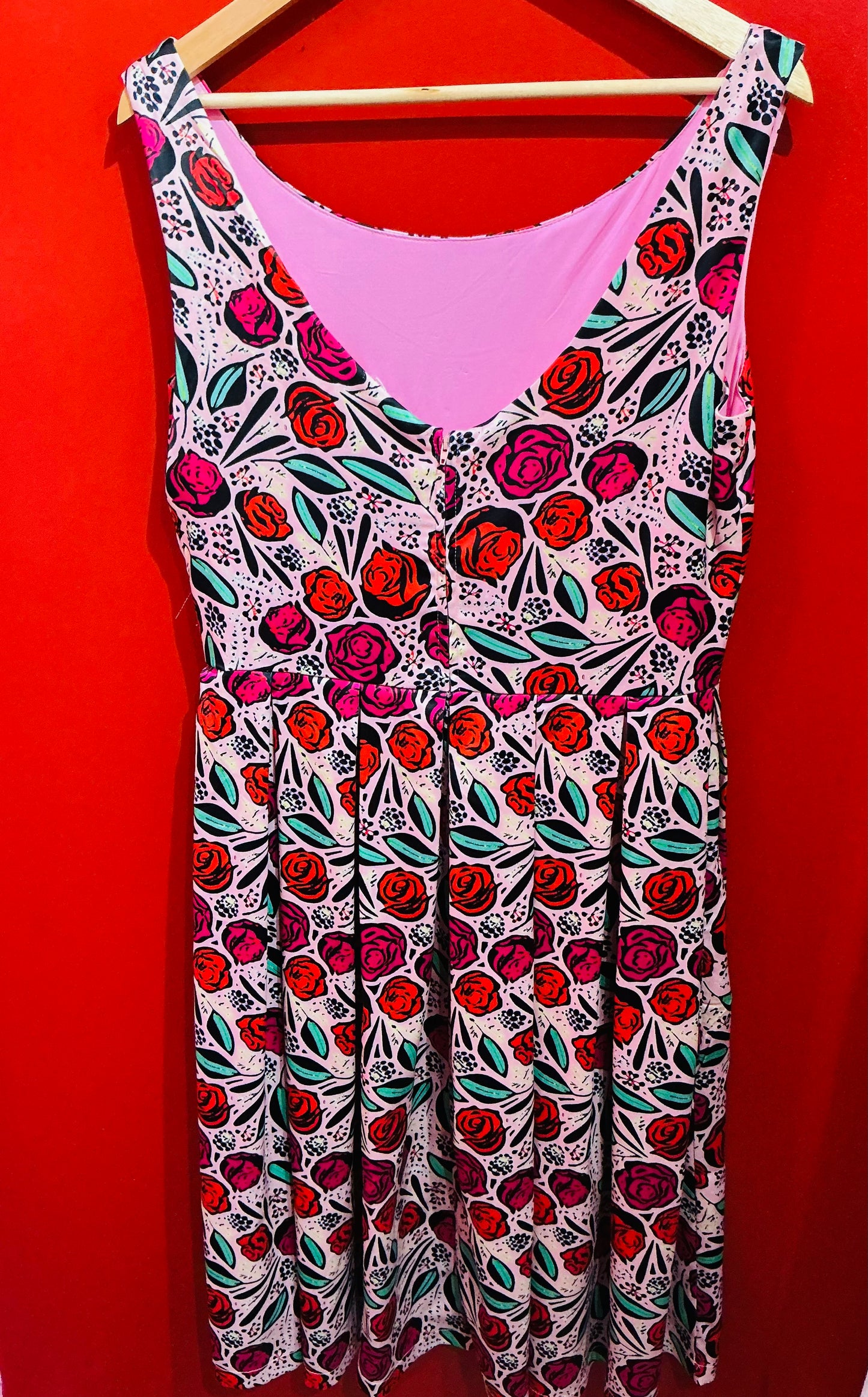 Red and Pink Rose Lindy Bop 1950s Style Swing Dress