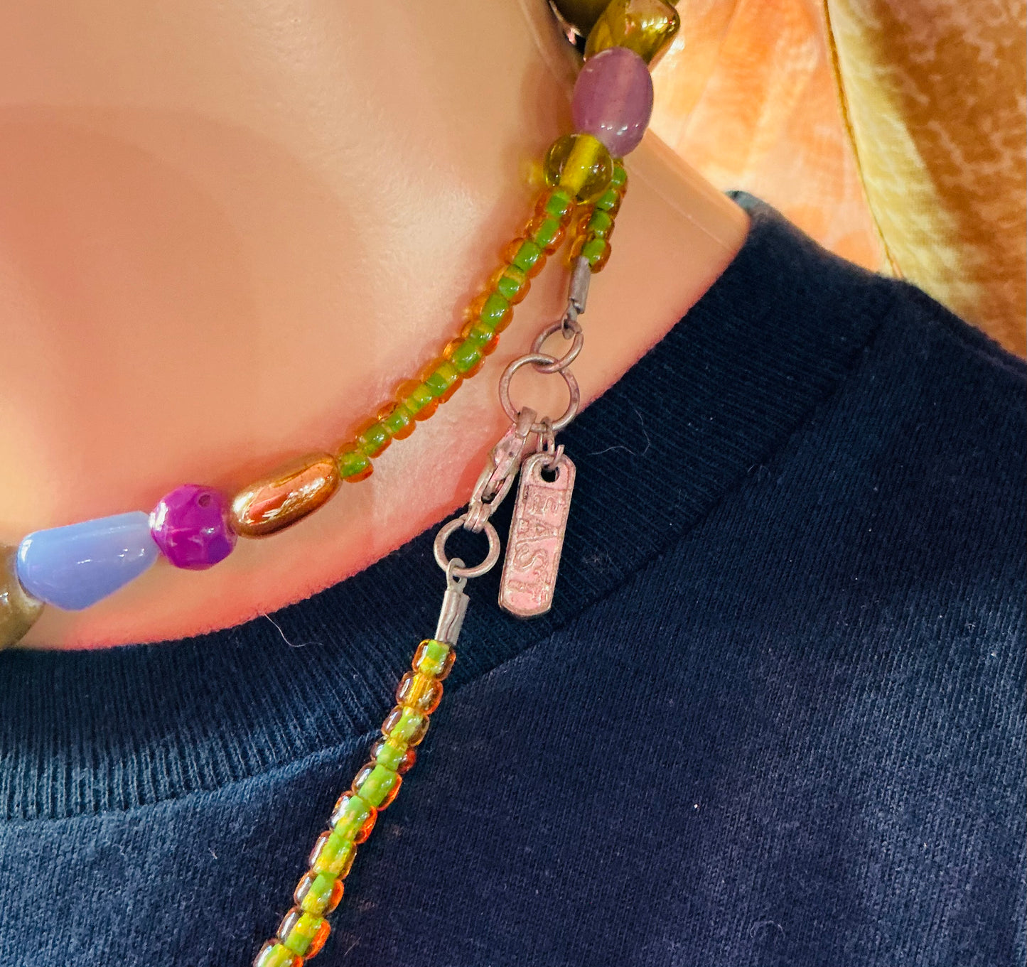 1990s Vintage East Purple and Green Beaded Necklace
