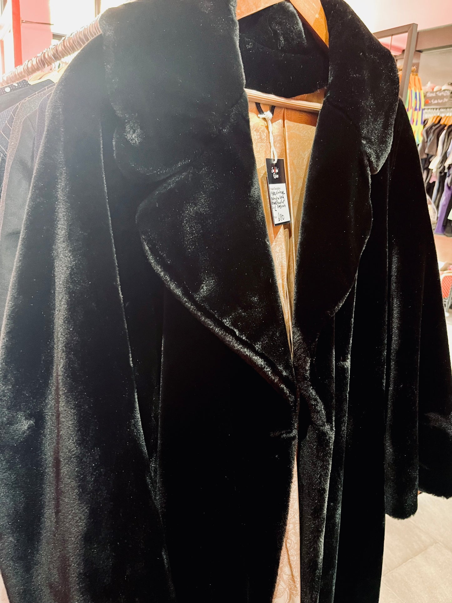 1980s Original Vintage Black Faux Fur Long Dress Coat
