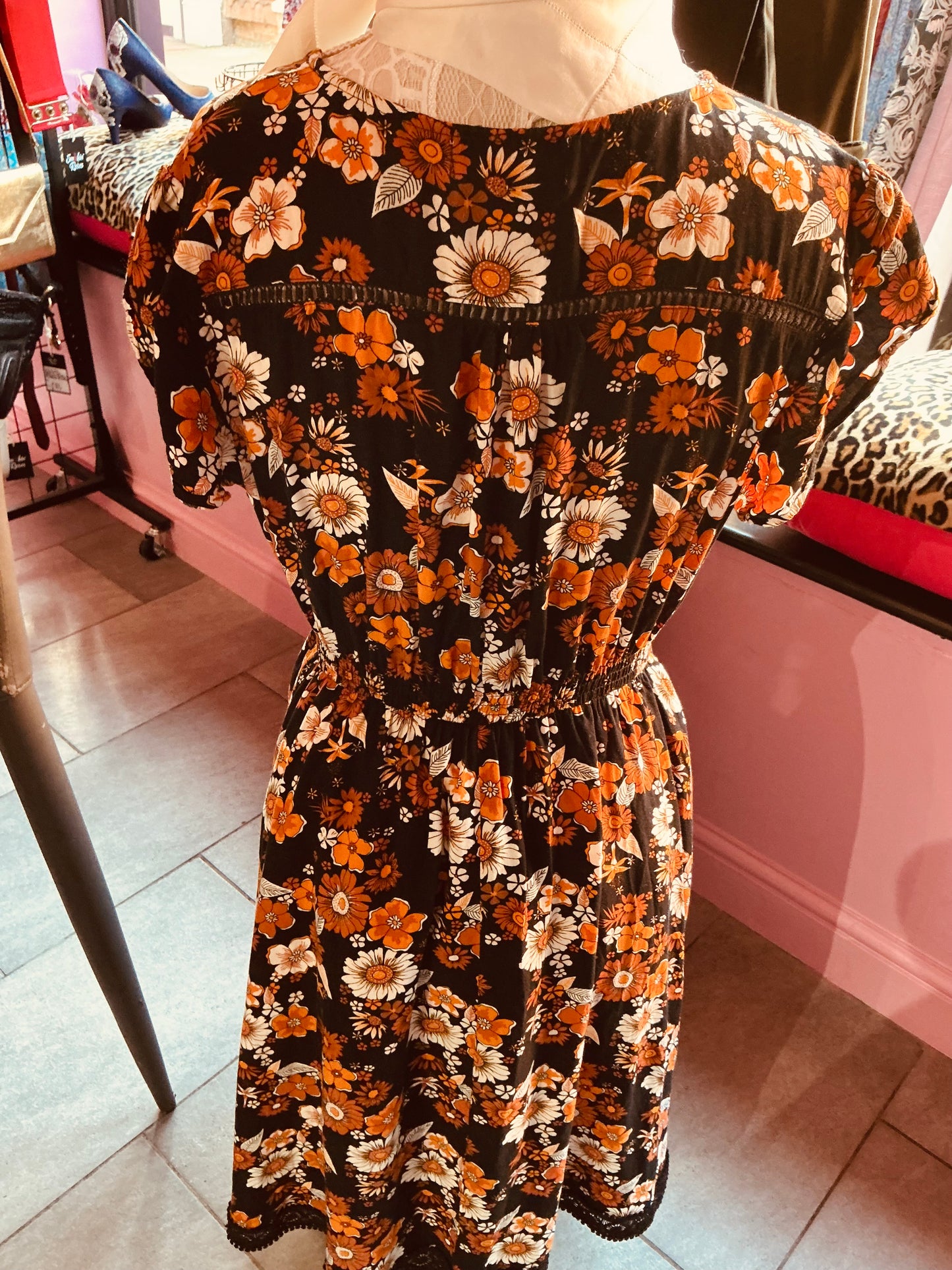 1970s Orange Floral Stella Morgan Tea Dress