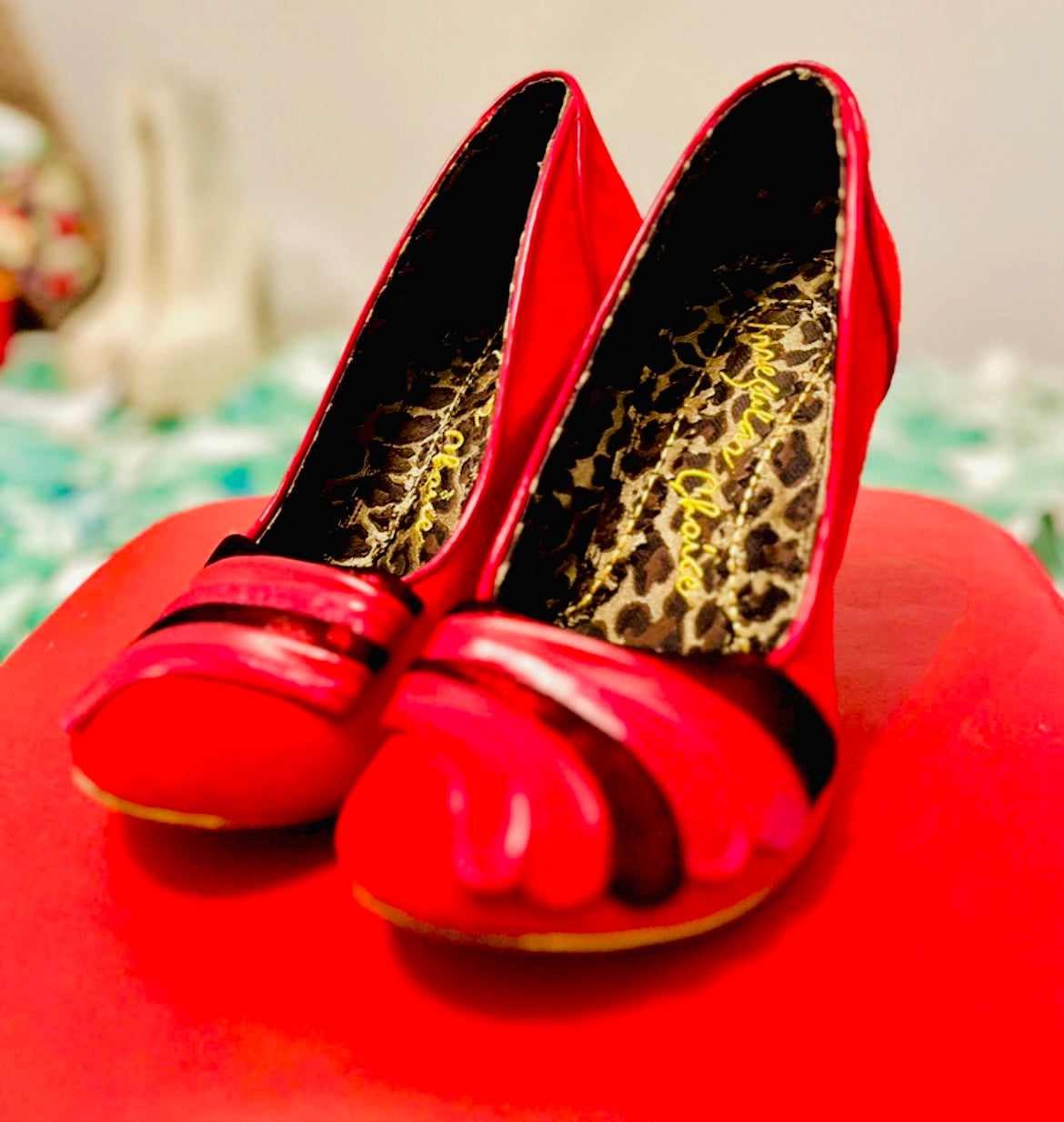Red Suede 20s Art Deco Irregular Choice Gold Heels
