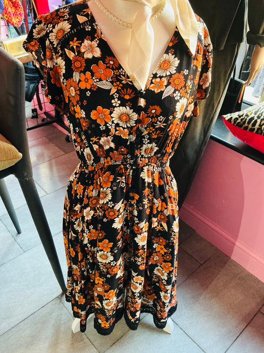 1970s Orange Floral Stella Morgan Tea Dress