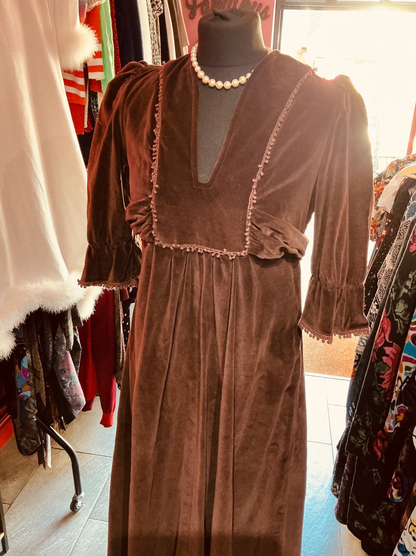 Original 1970s Brown Velvet Earlybird London Maxi Dress