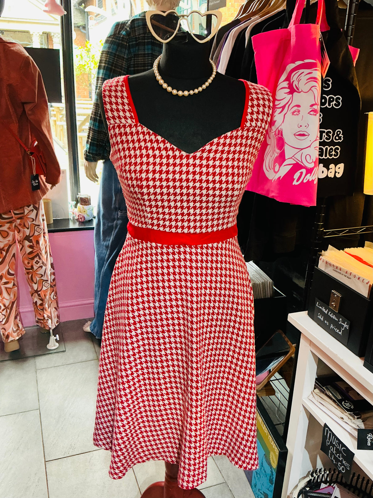 1950s Style Red and White Dogtooth Patterned Lindy Bop Dress