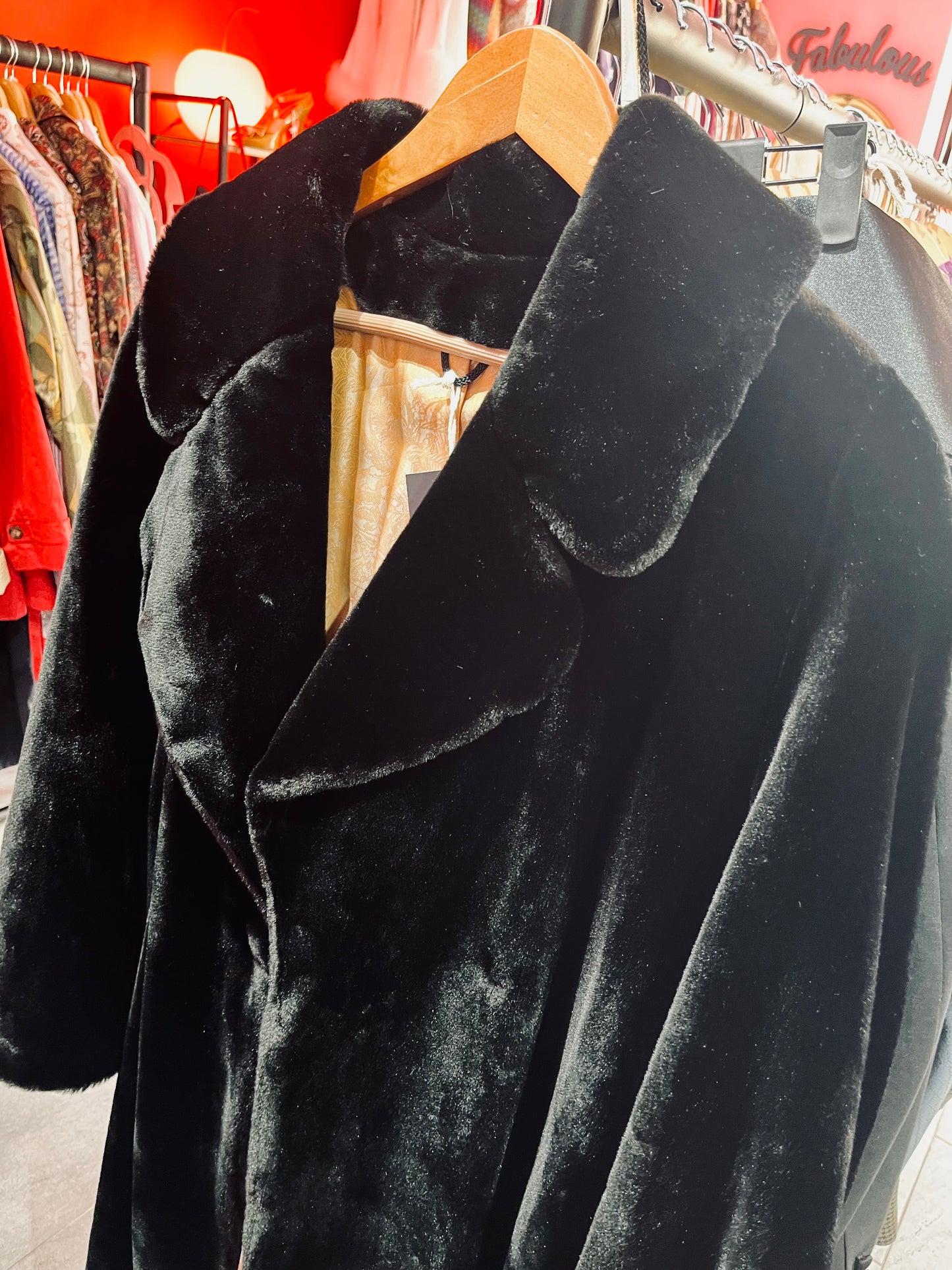 1980s Original Vintage Black Faux Fur Long Dress Coat