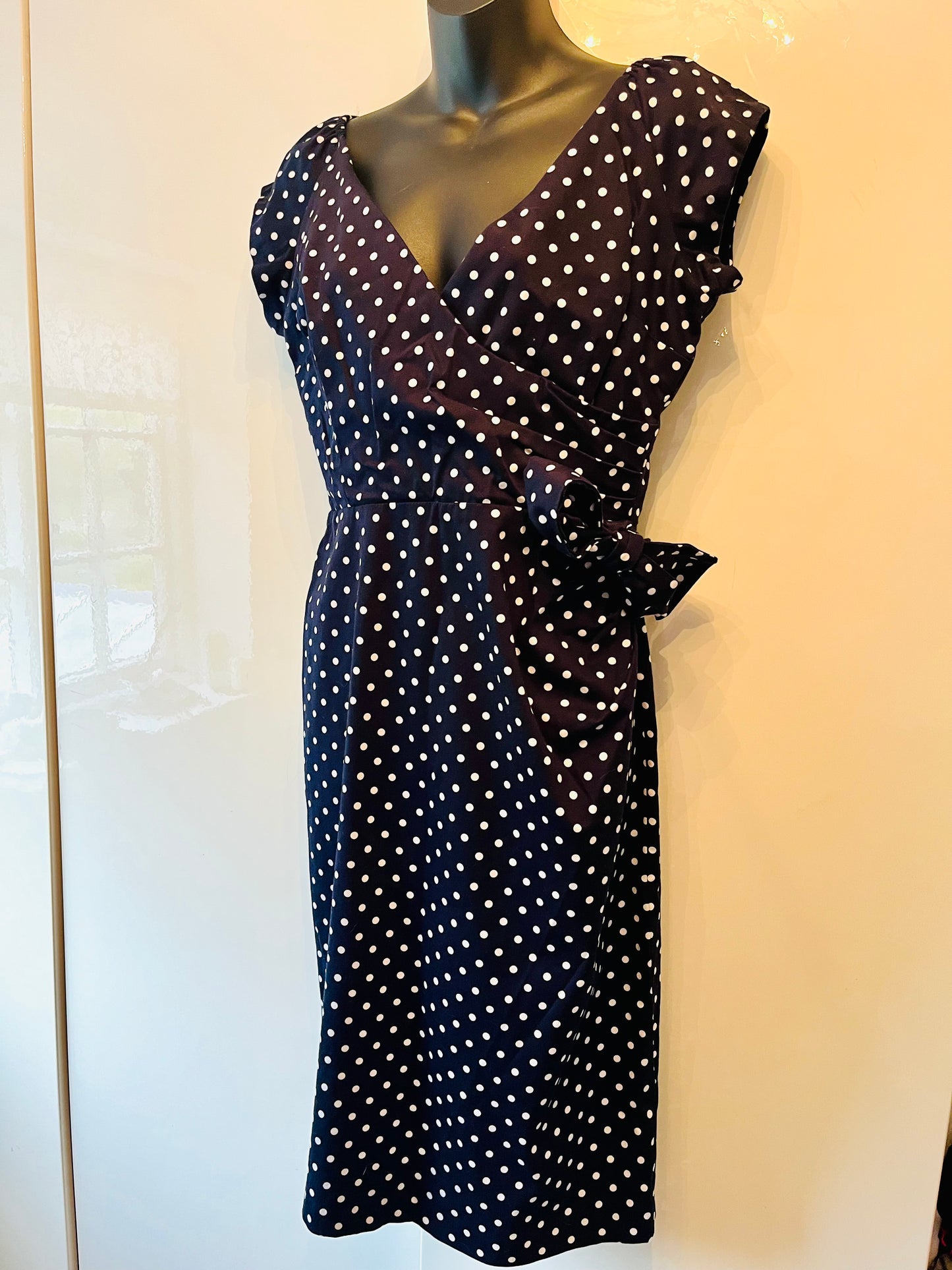 The Pretty Dress Company Navy and white polka wiggle dress