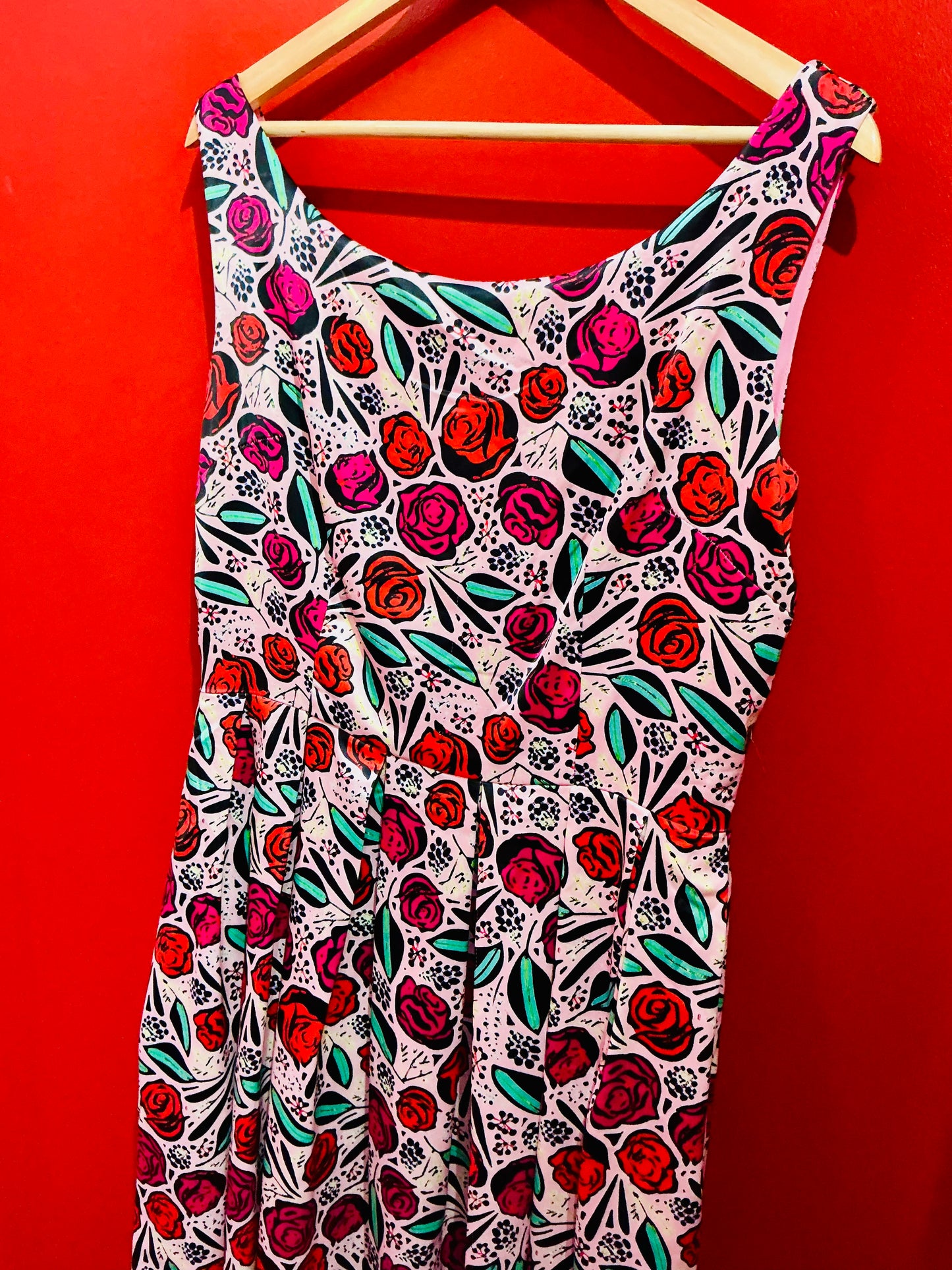 Red and Pink Rose Lindy Bop 1950s Style Swing Dress