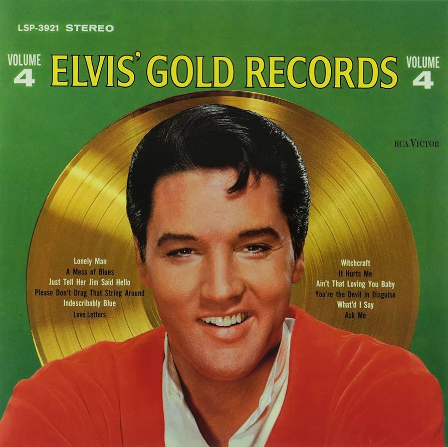 Album cover of 'Elvis' Gold Records Volume 4' with a portrait of Elvis Presley and a gold record.