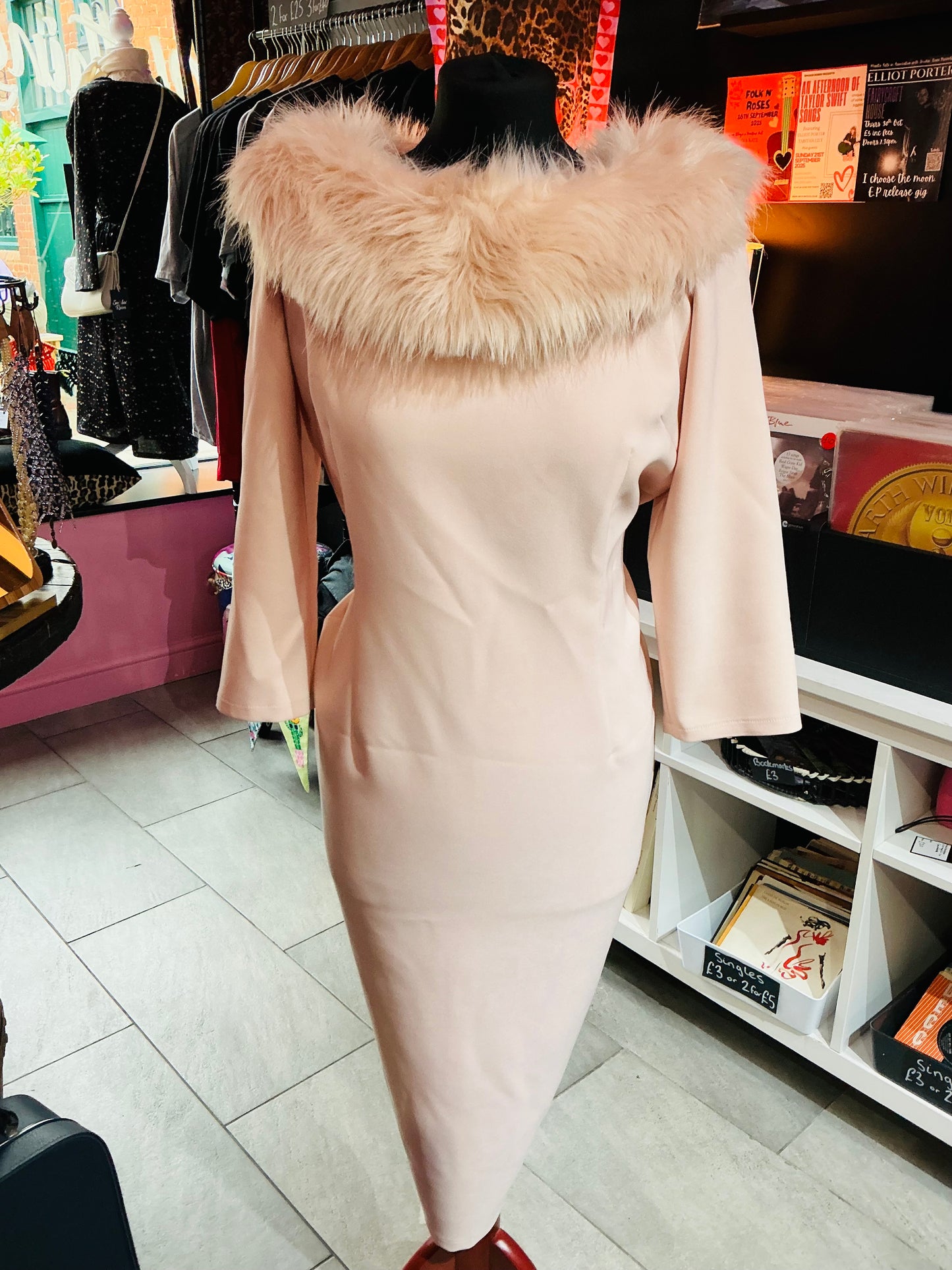 Baby Pink British Retro Faux Fur Wiggle Dress- Size 16