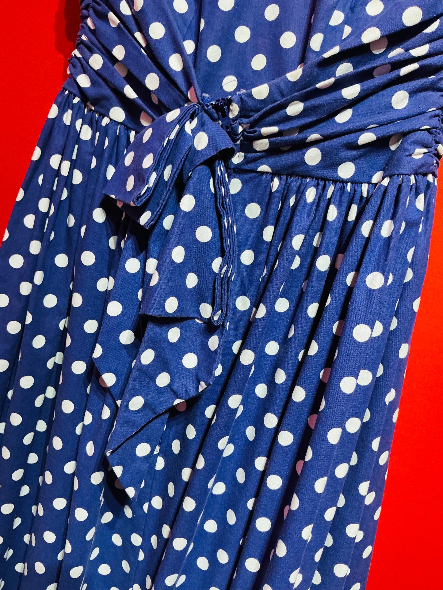 1980s Vintage Laura Ashley Blue Polka Dot Strapless Swing Dress