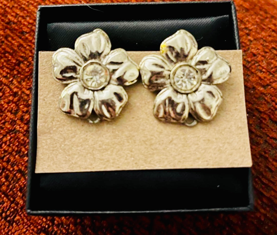 Silver Flower Clip On Earrings