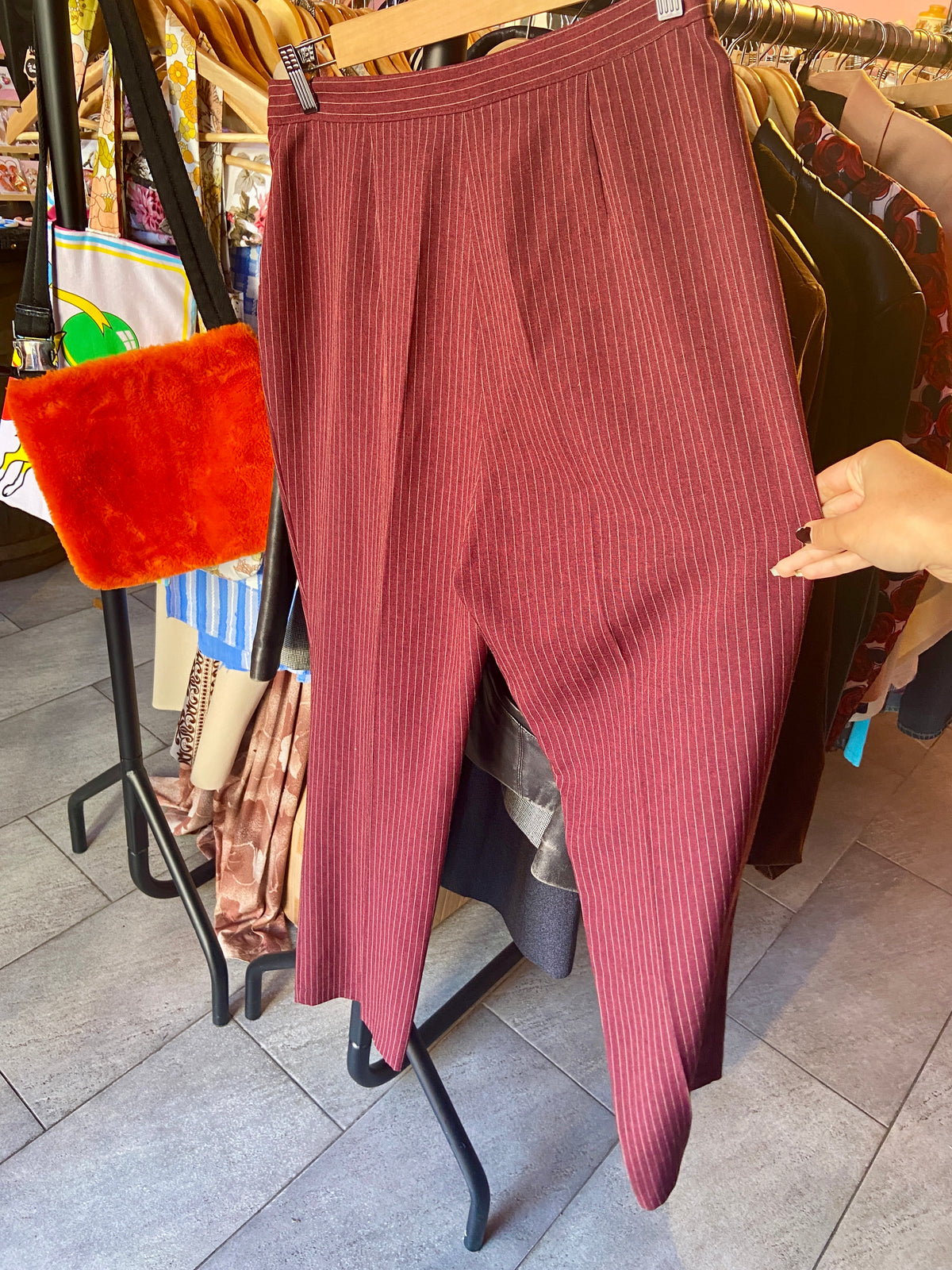 1980s Vintage Deep Red Pin Stripe Trousers