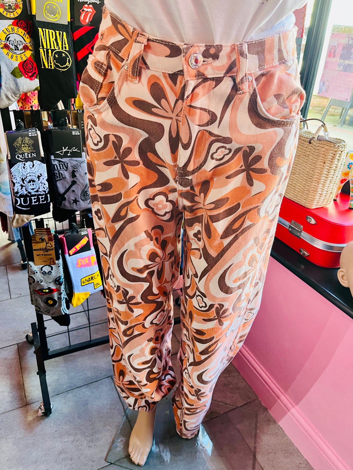 1960s Orange Retro Floral Jeans