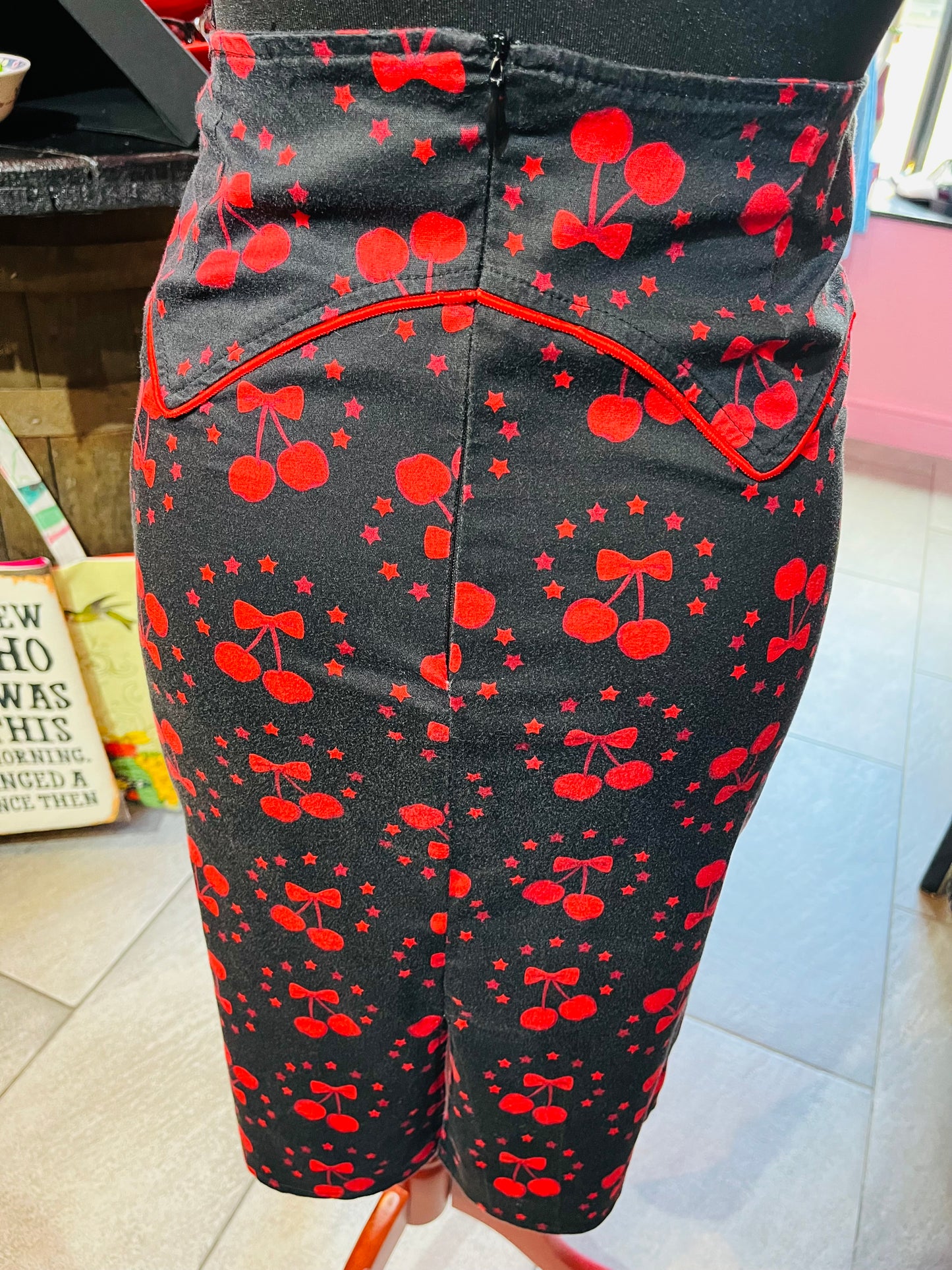 Collectif London Black Cherry Print Pencil Skirt