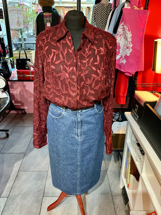 1980s Vintage C&A Burgundy Leaf Print Blouse