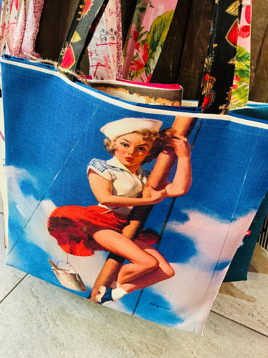 Handmade Vintage Fabric Pin Up Tote Bag