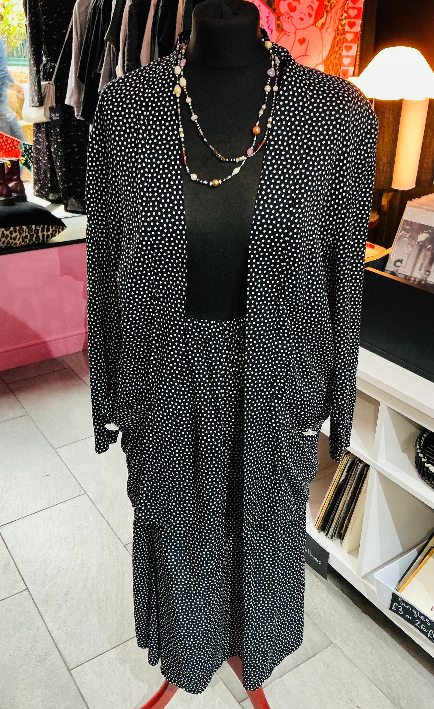 1980s Jon Adam Navy and White Polka Dot Over shirt and Skirt Set