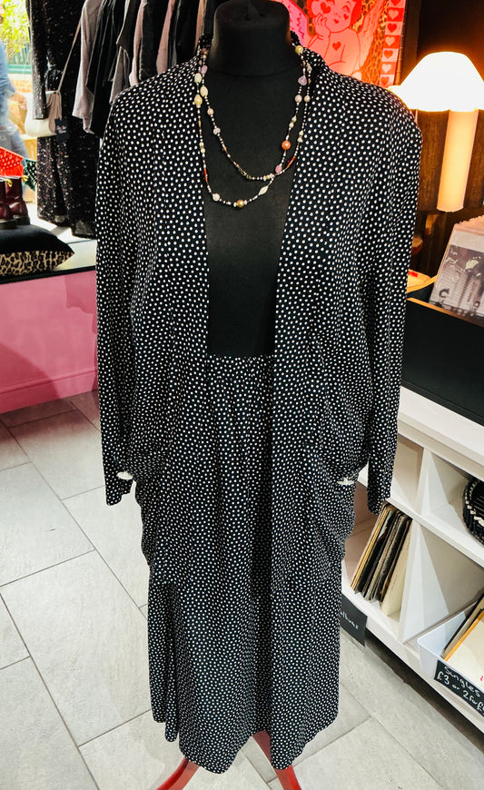 1980s Jon Adam Navy and White Polka Dot Over shirt and Skirt Set