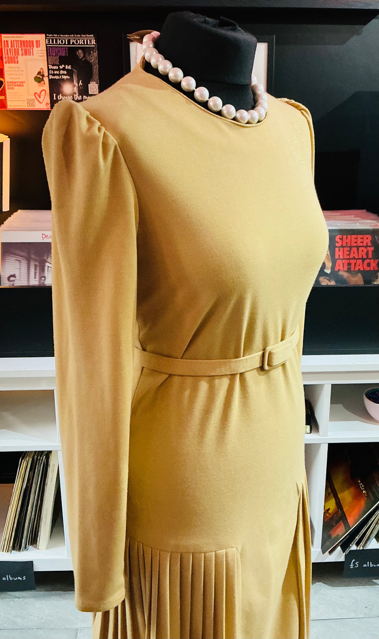 1960s Vintage Shubette of London Mustard Yellow Pleated Midi Dress- Size 14