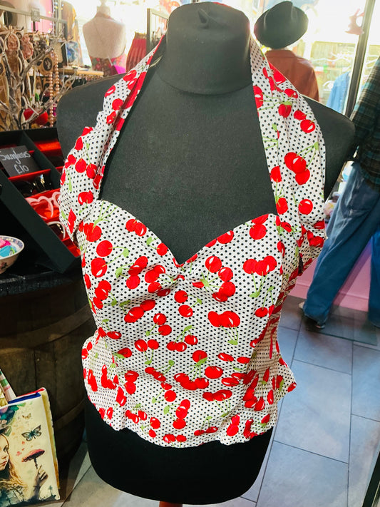 1950s Rockabilly Style Vivien of Holloway Cherry Halter-neck Top