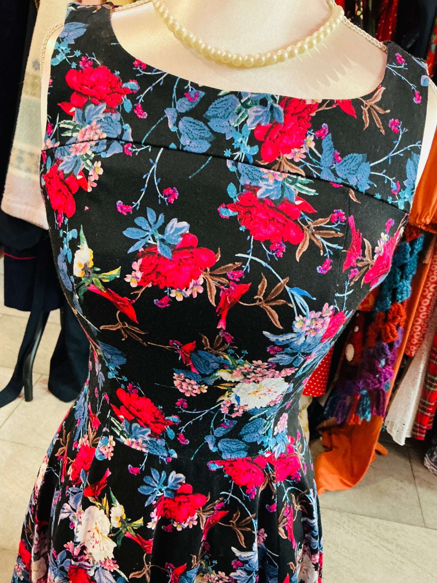 1950s Style Hearts and Roses Floral Swing Dress
