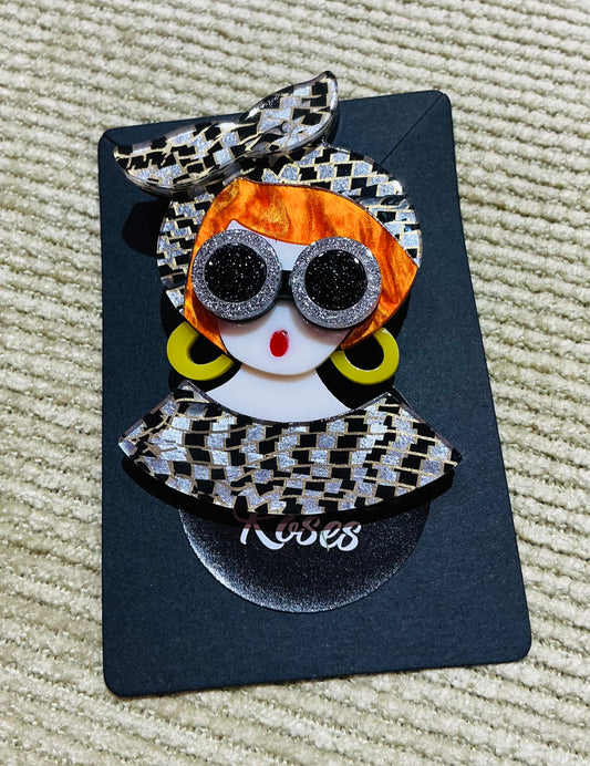 Handmade Acrylic 60s Lady Brooch 