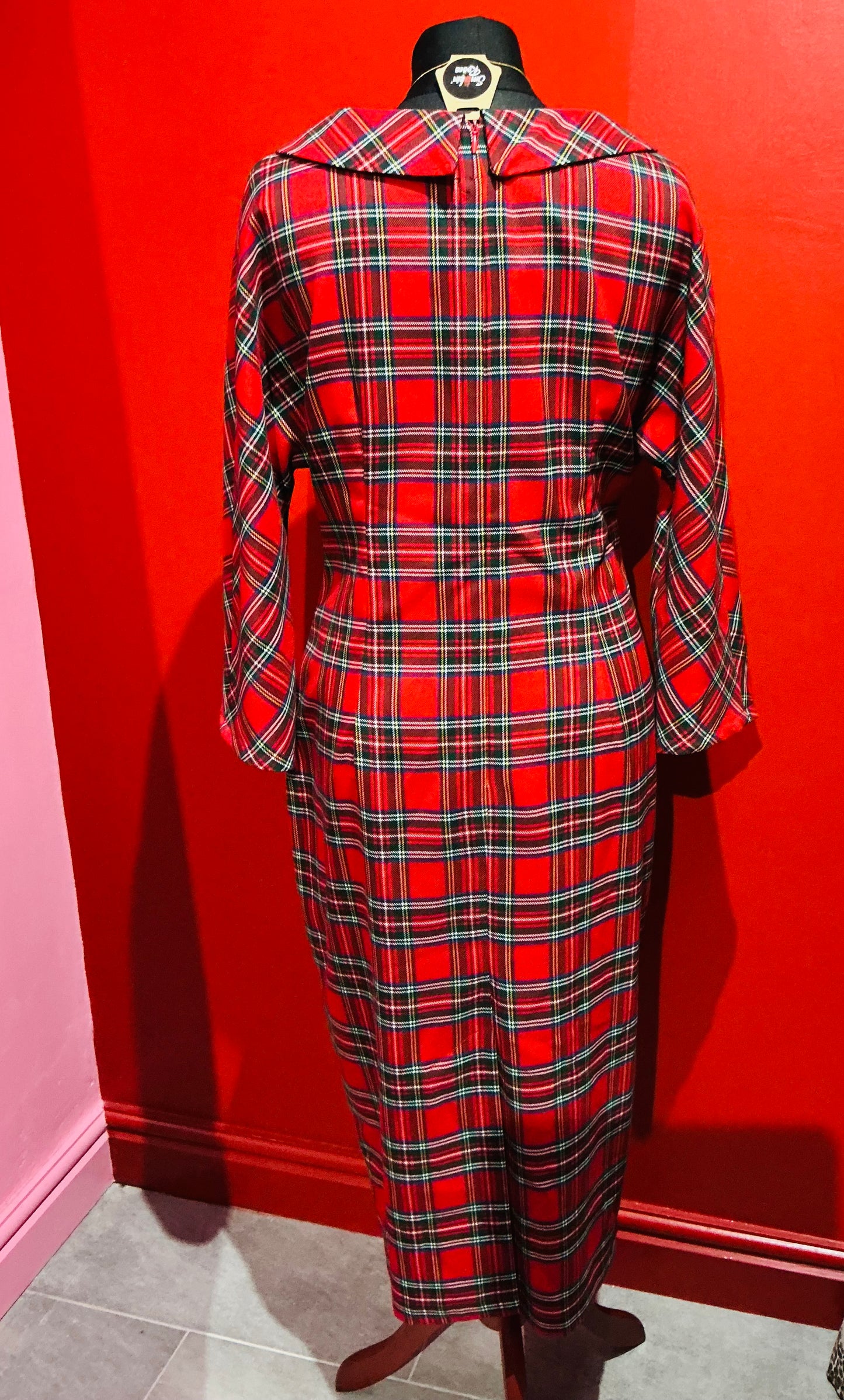 British Retro Red Tartan Pencil Dress-Size 16