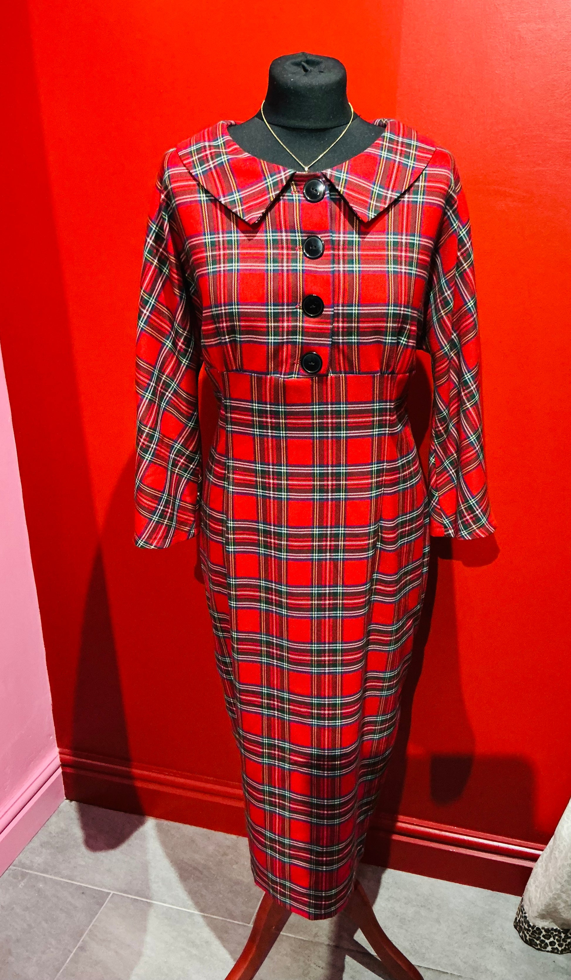 British Retro Red Tartan Pencil Dress-Size 16