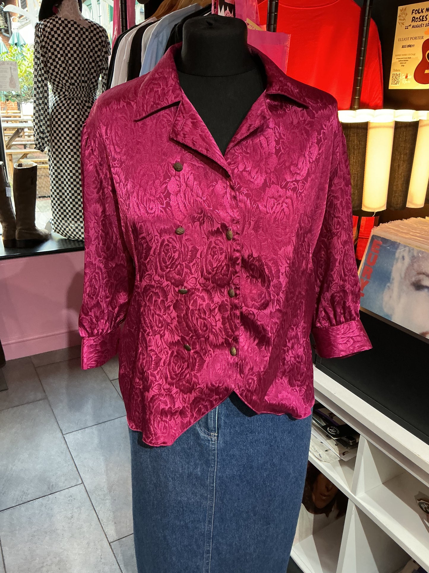 1980s Anne Brooks Vintage Magenta Satin Blouse