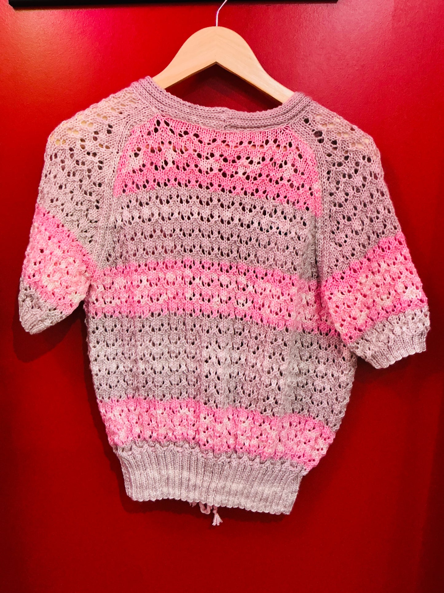 Hand Knit Grey and Pink Crochet Vintage Cardigan