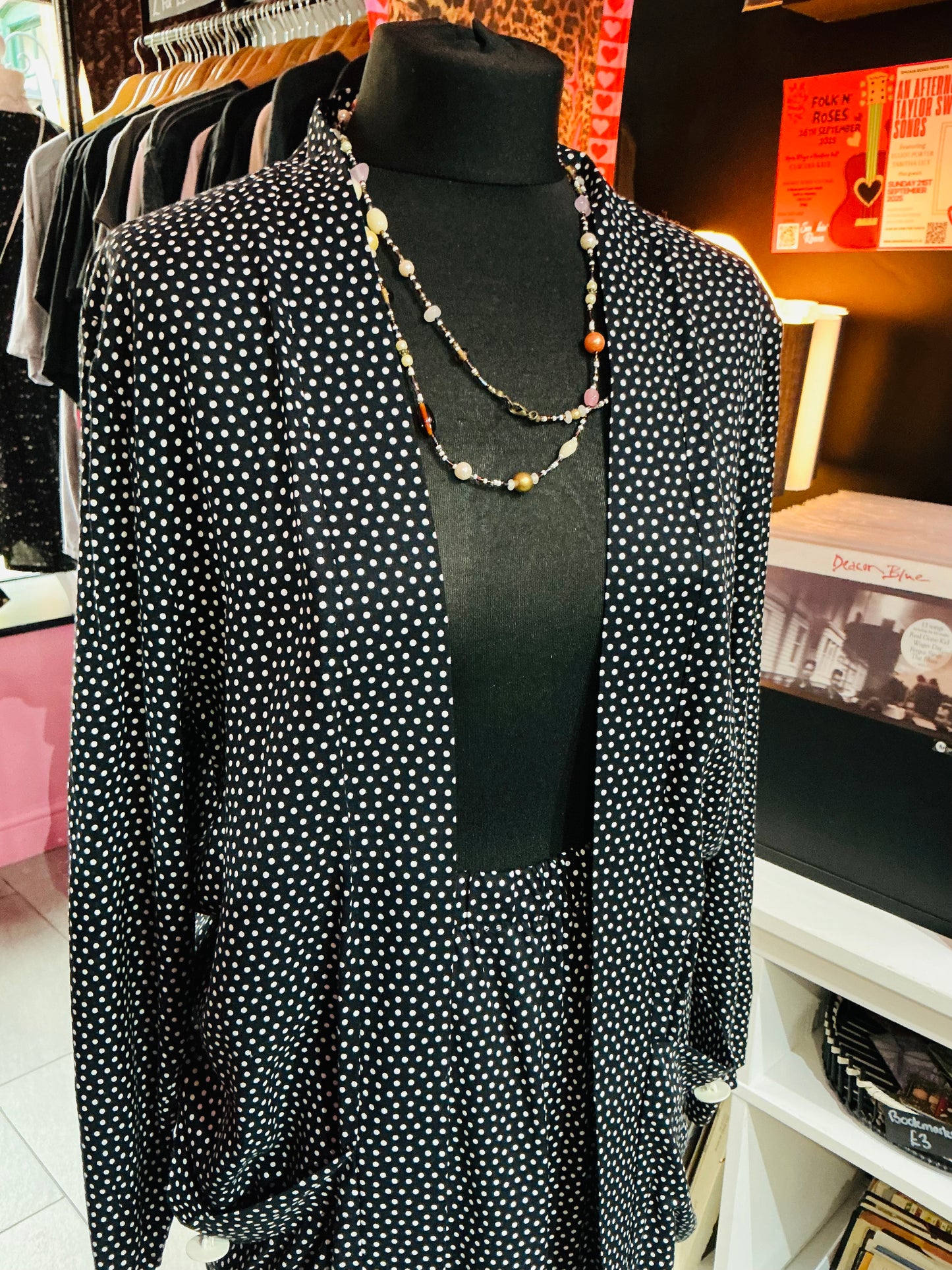 1980s Jon Adam Navy and White Polka Dot Over shirt and Skirt Set