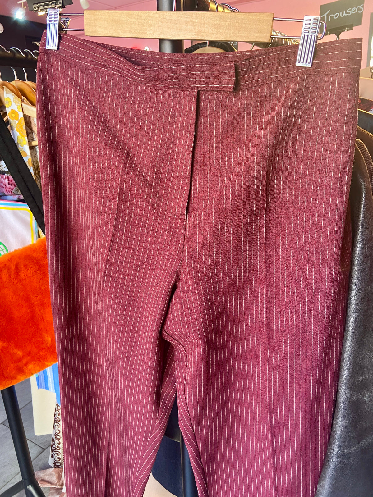 1980s Vintage Deep Red Pin Stripe Trousers
